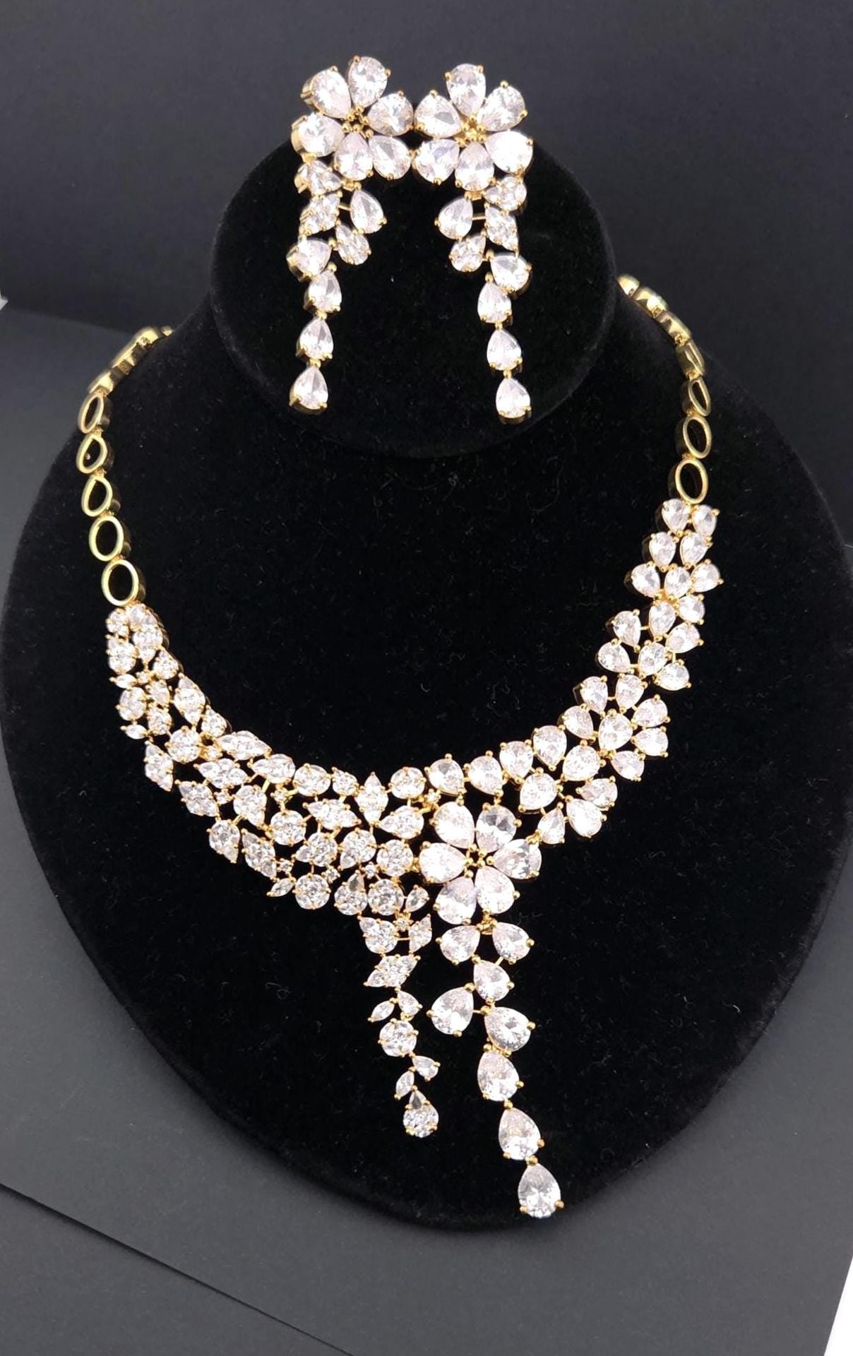 Gold Plated CZ Bridal Necklace Set, Floral Layered Statement Jewelry with Earrings