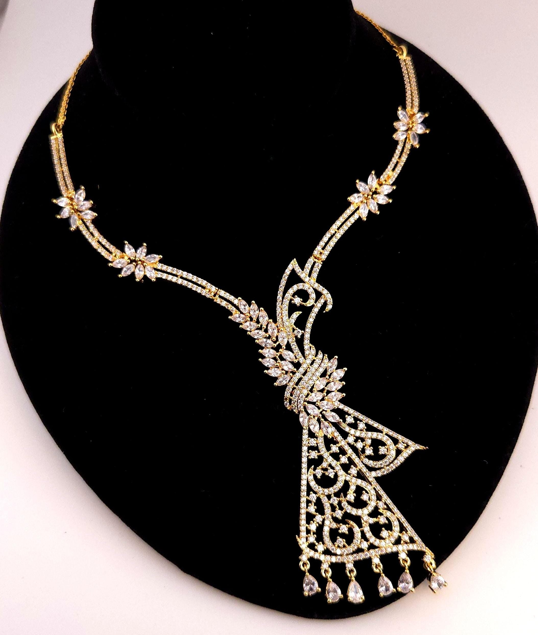 Gold Plated CZ Floral Filigree Necklace Set, Indian Bridal Statement Jewelry Earrings