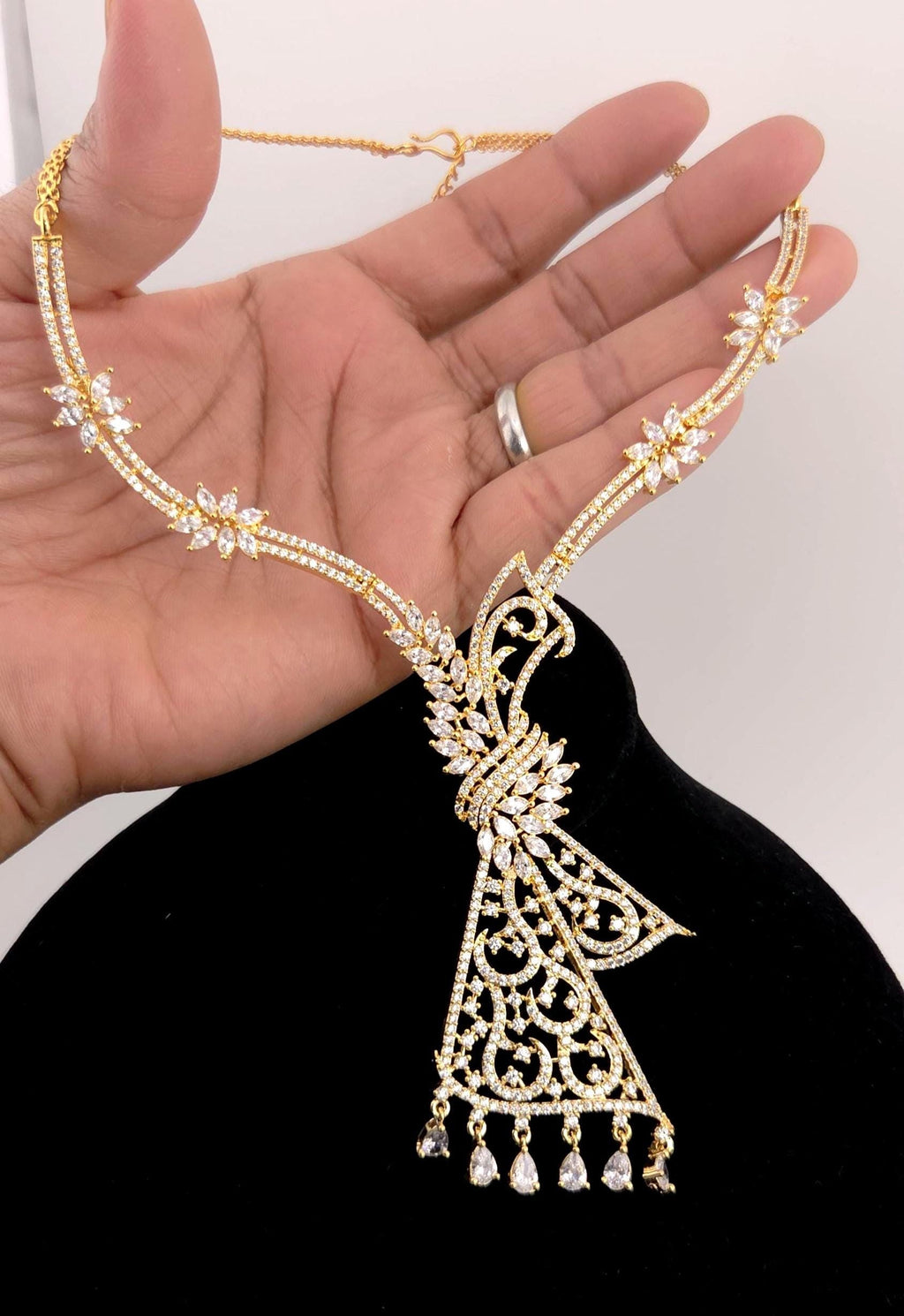 Gold Plated CZ Floral Filigree Necklace Set, Indian Bridal Statement Jewelry Earrings