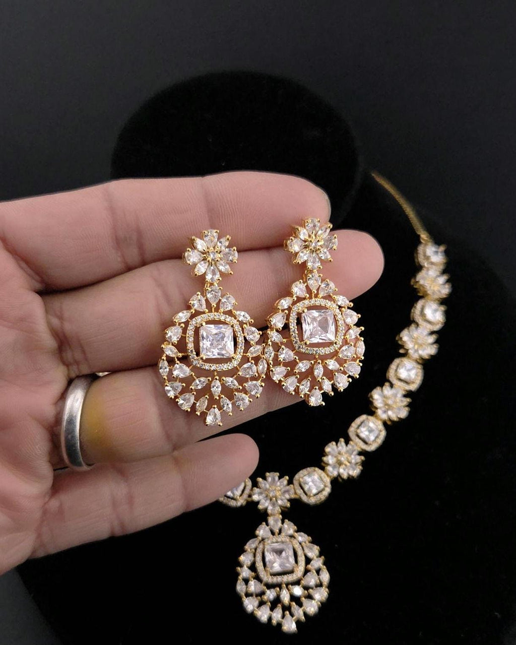 Gold Plated CZ Halo Pendant Necklace Set with Matching Earrings, Bridal Jewelry