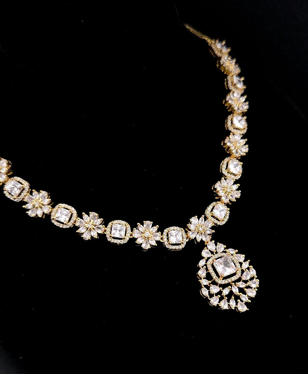 Gold Plated CZ Halo Pendant Necklace Set with Matching Earrings, Bridal Jewelry