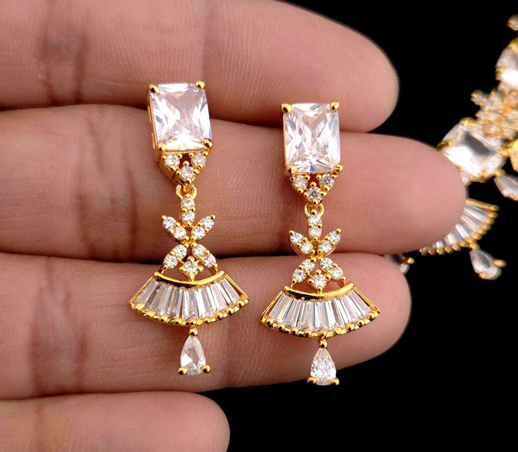 Gold CZ Floral Fan Necklace Set | Bridal Statement Jewelry with Earrings