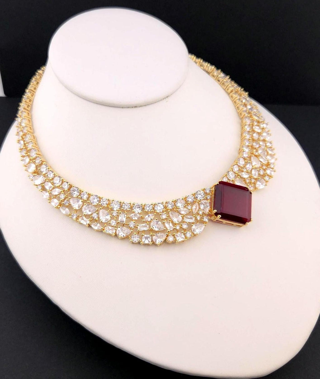 Red Stone CZ Bridal Choker Necklace Set | Gold Plated Wedding Jewelry with Earrings