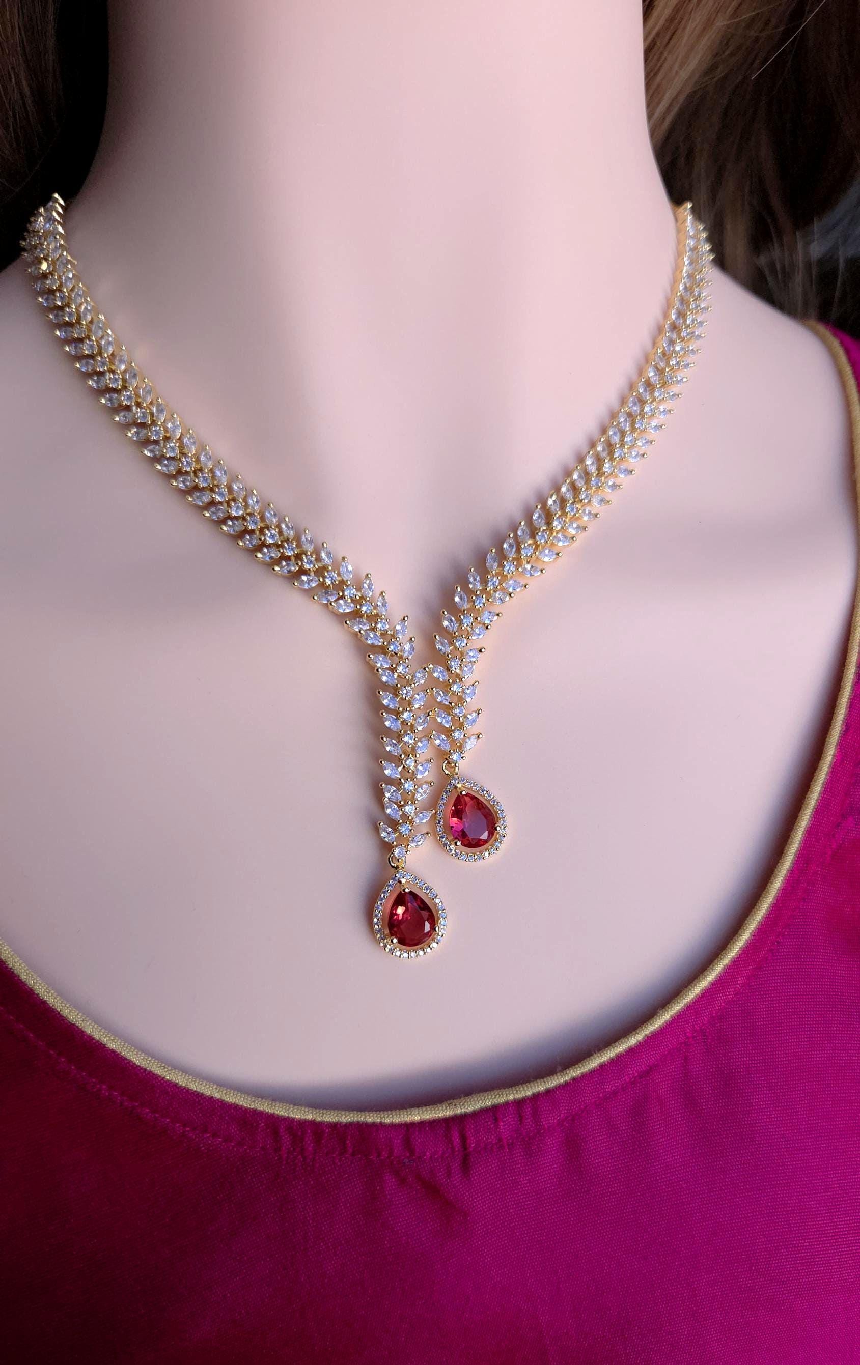 CZ Teardrop Necklace Set Red Blue Indian Wedding Jewelry Diya