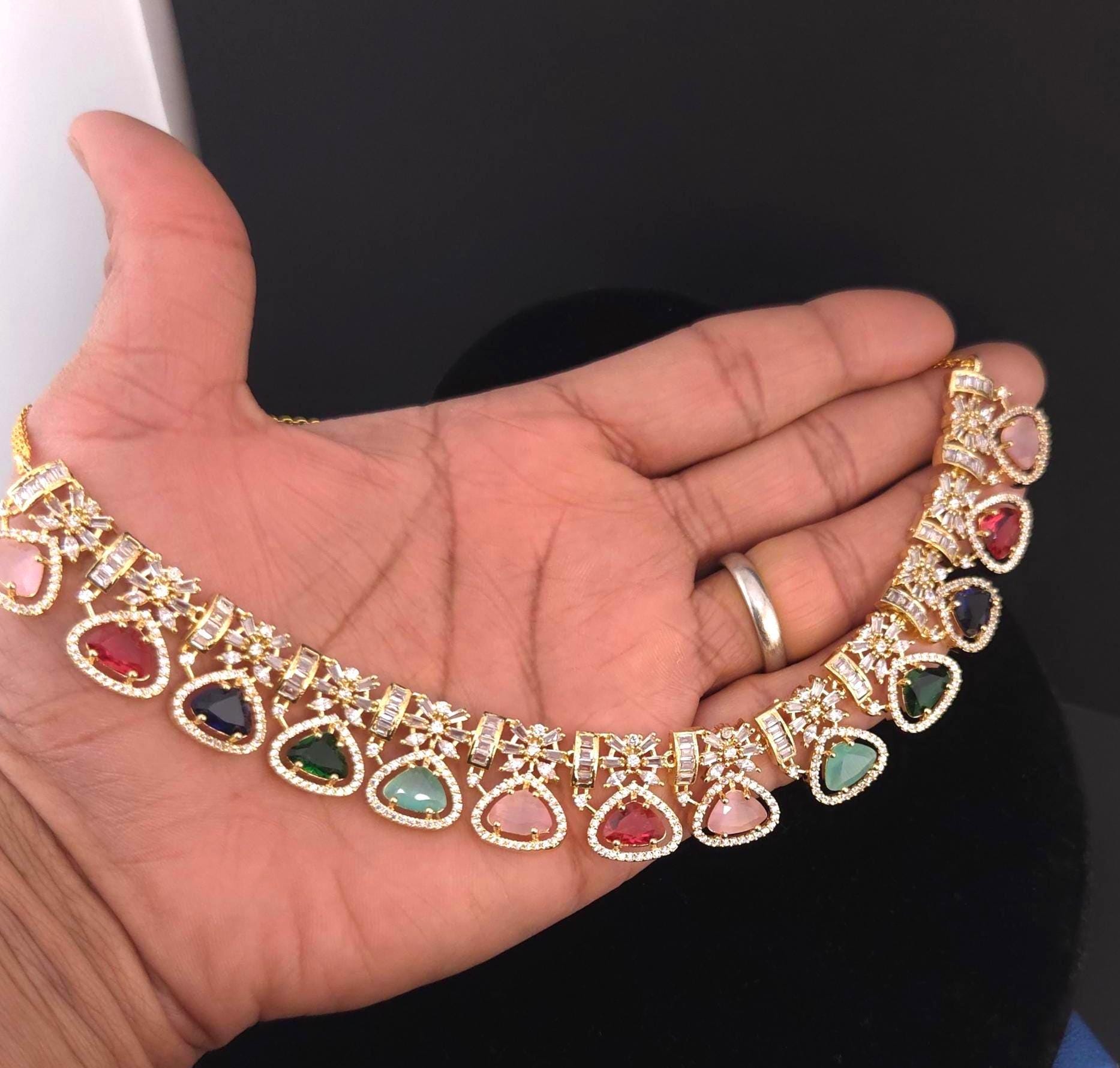 CZ Teardrop Necklace Set Multicolor Indian Bridal Jewelry Gulnar