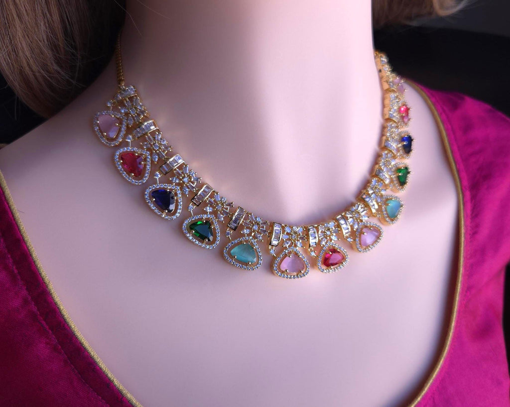 CZ Teardrop Necklace Set Multicolor Indian Bridal Jewelry Gulnar