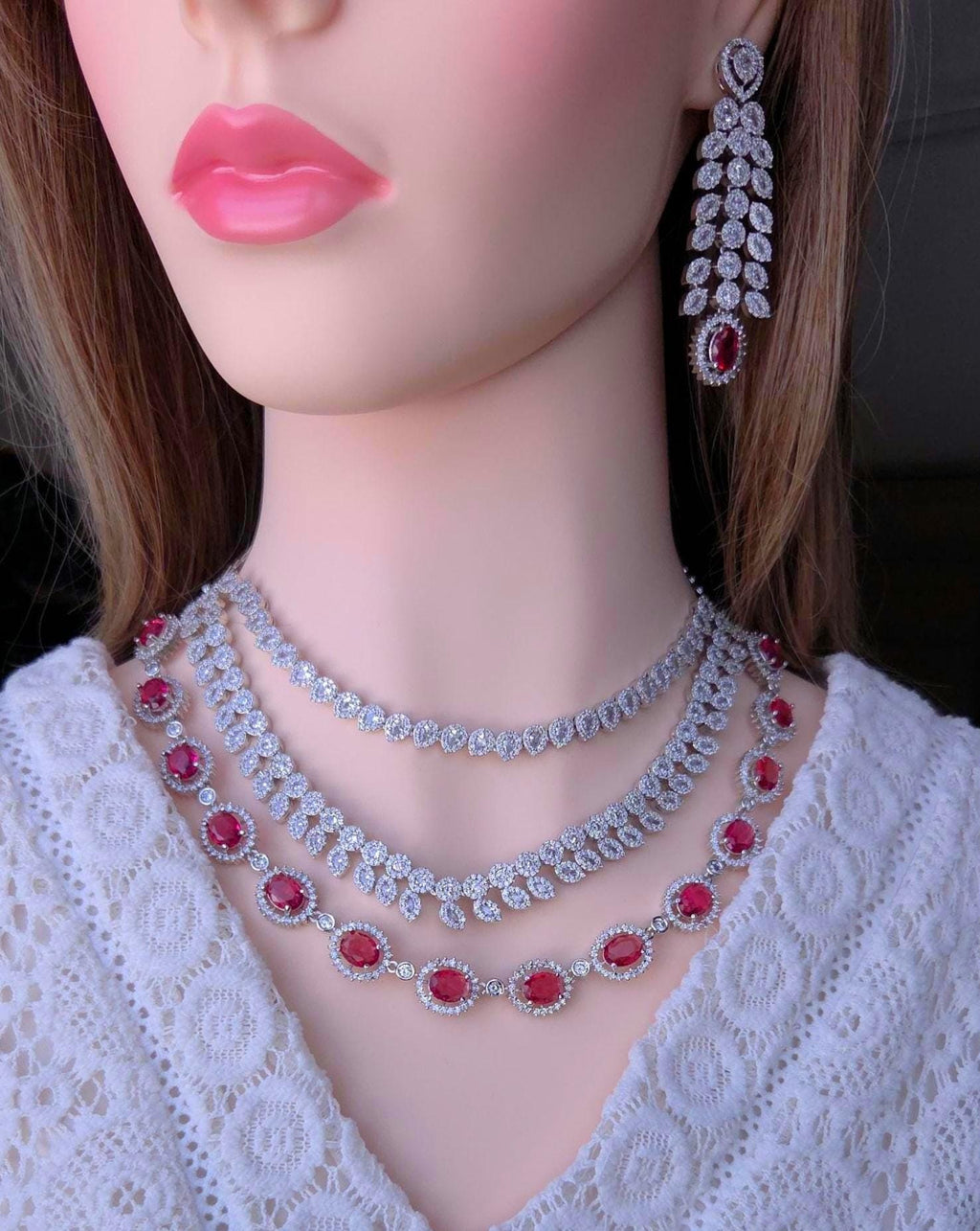 Ruby Red Bridal Necklace Set with American Diamonds – Silver Finish Wedding Jewelry
