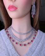 Ruby Red Bridal Necklace Set with American Diamonds – Silver Finish Wedding Jewelry
