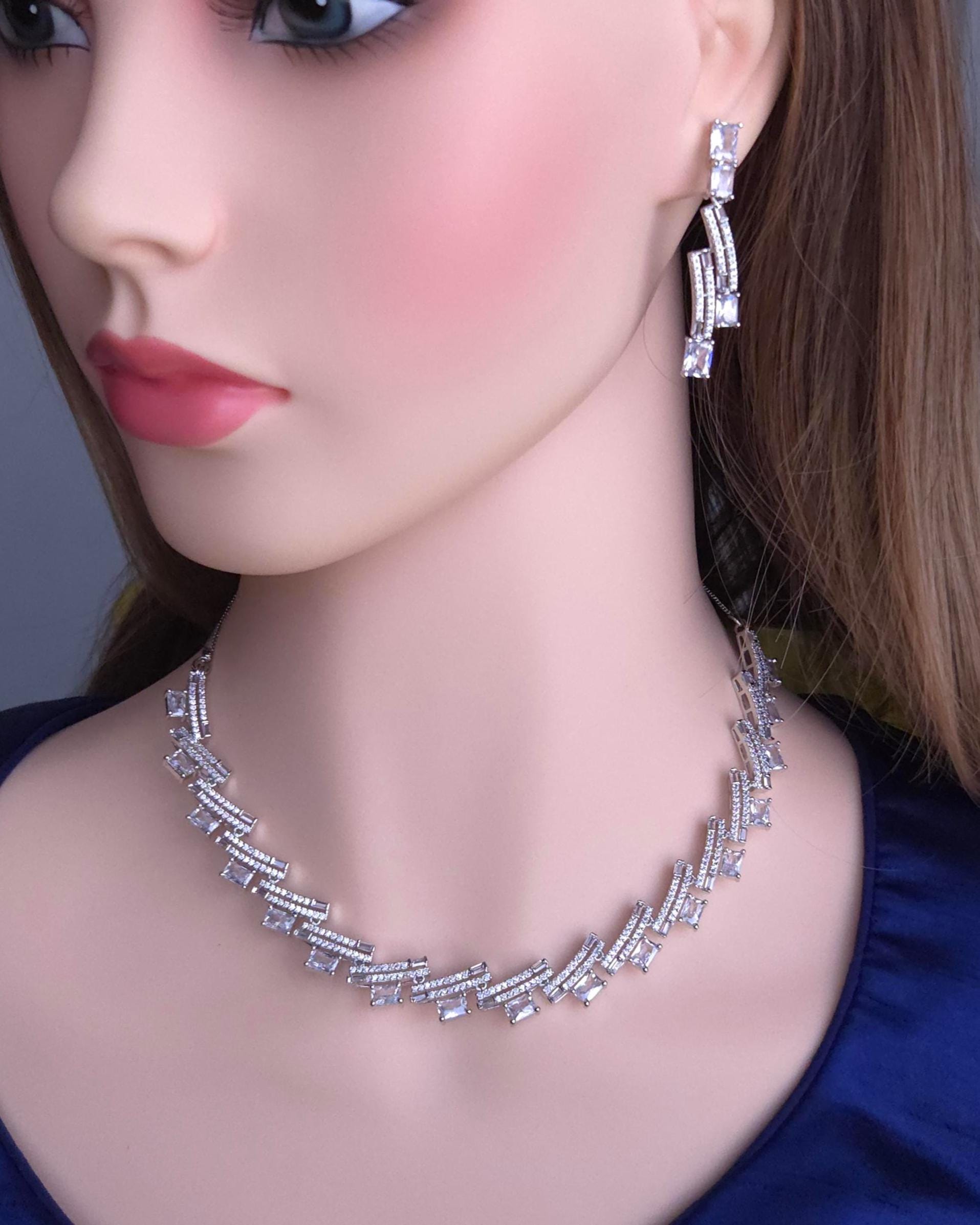 Silver Baguette Cubic Zirconia Necklace Earrings Set, Statement Bridal Jewelry
