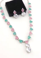 Heart Crystal CZ Necklace & Earring Set | Silver Plated | Ocean Blue, Mint Green & Pink