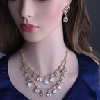 Gold Plated Layered Teardrop CZ Necklace Set with Earrings