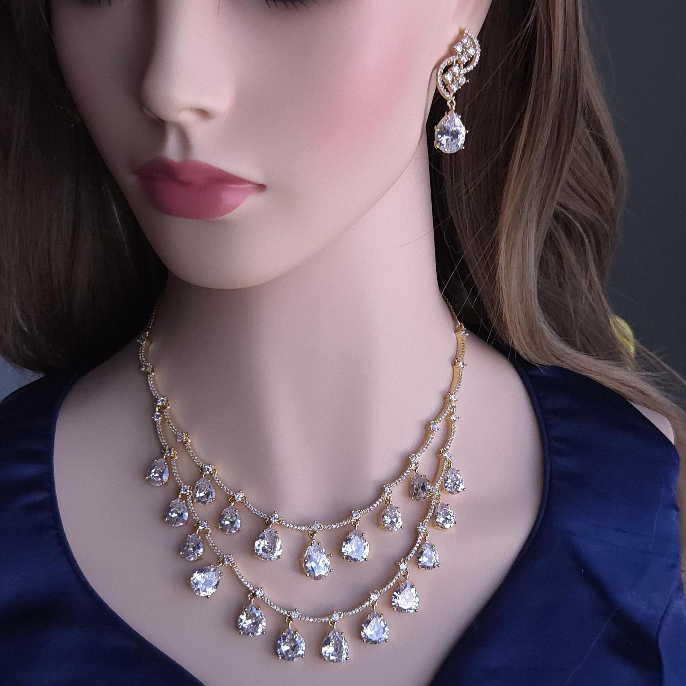 Gold Plated Layered Teardrop CZ Necklace Set with Earrings