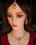 Indian Bridal Gold Necklace Set with Earrings, Maang Tikka, Red Green Kundan Style Jewelry