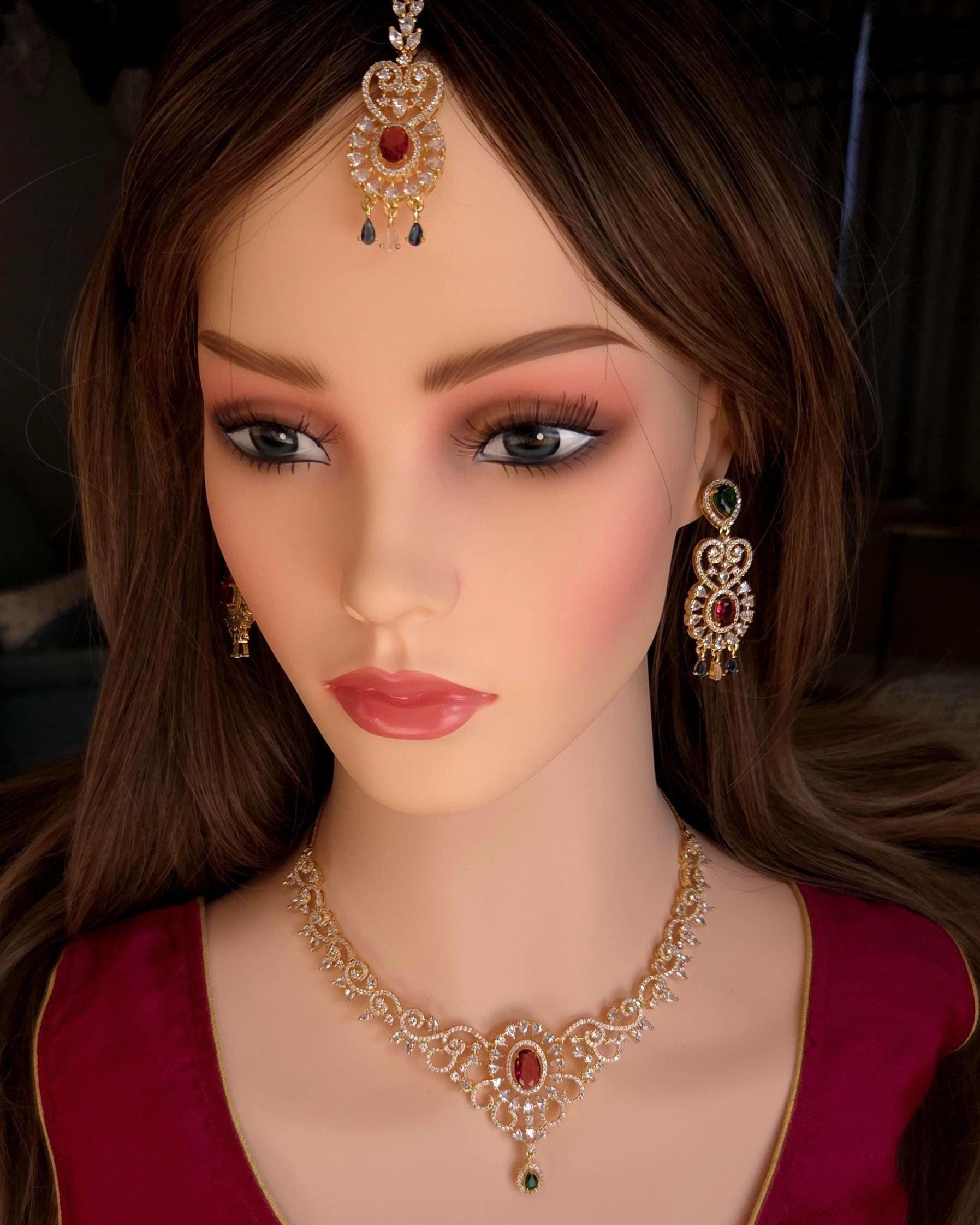 Indian Bridal Gold Necklace Set with Earrings, Maang Tikka, Red Green Kundan Style Jewelry