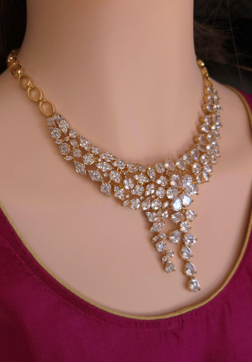 Gold Plated CZ Bridal Necklace Set, Floral Layered Statement Jewelry with Earrings