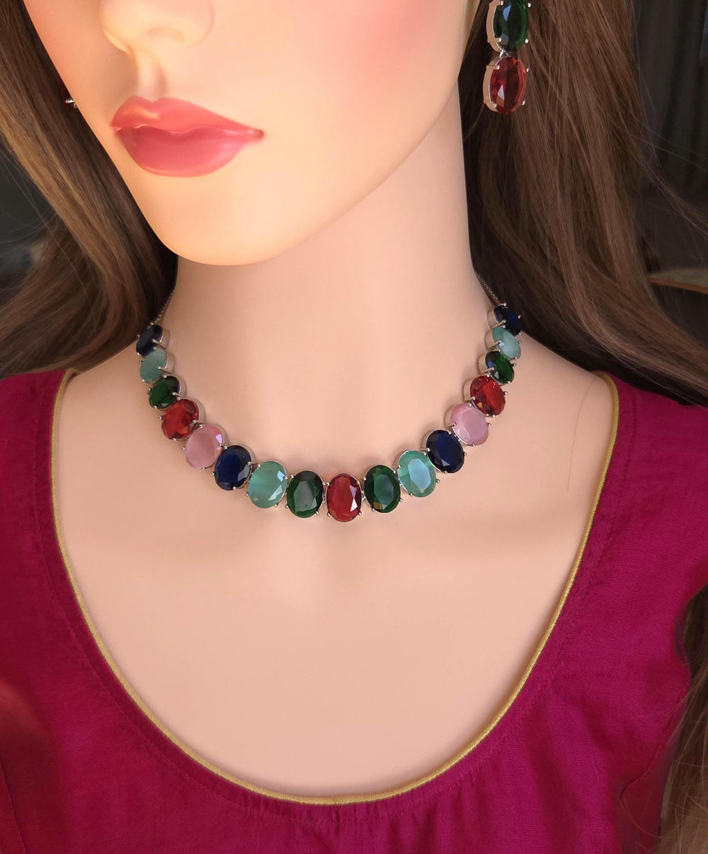 Multicolor Oval CZ Necklace & Earrings Set – Bold Statement Jewelry for Women