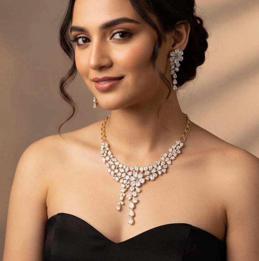 Gold Plated CZ Bridal Necklace Set, Floral Layered Statement Jewelry with Earrings