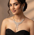 Gold Plated CZ Bridal Necklace Set, Floral Layered Statement Jewelry with Earrings