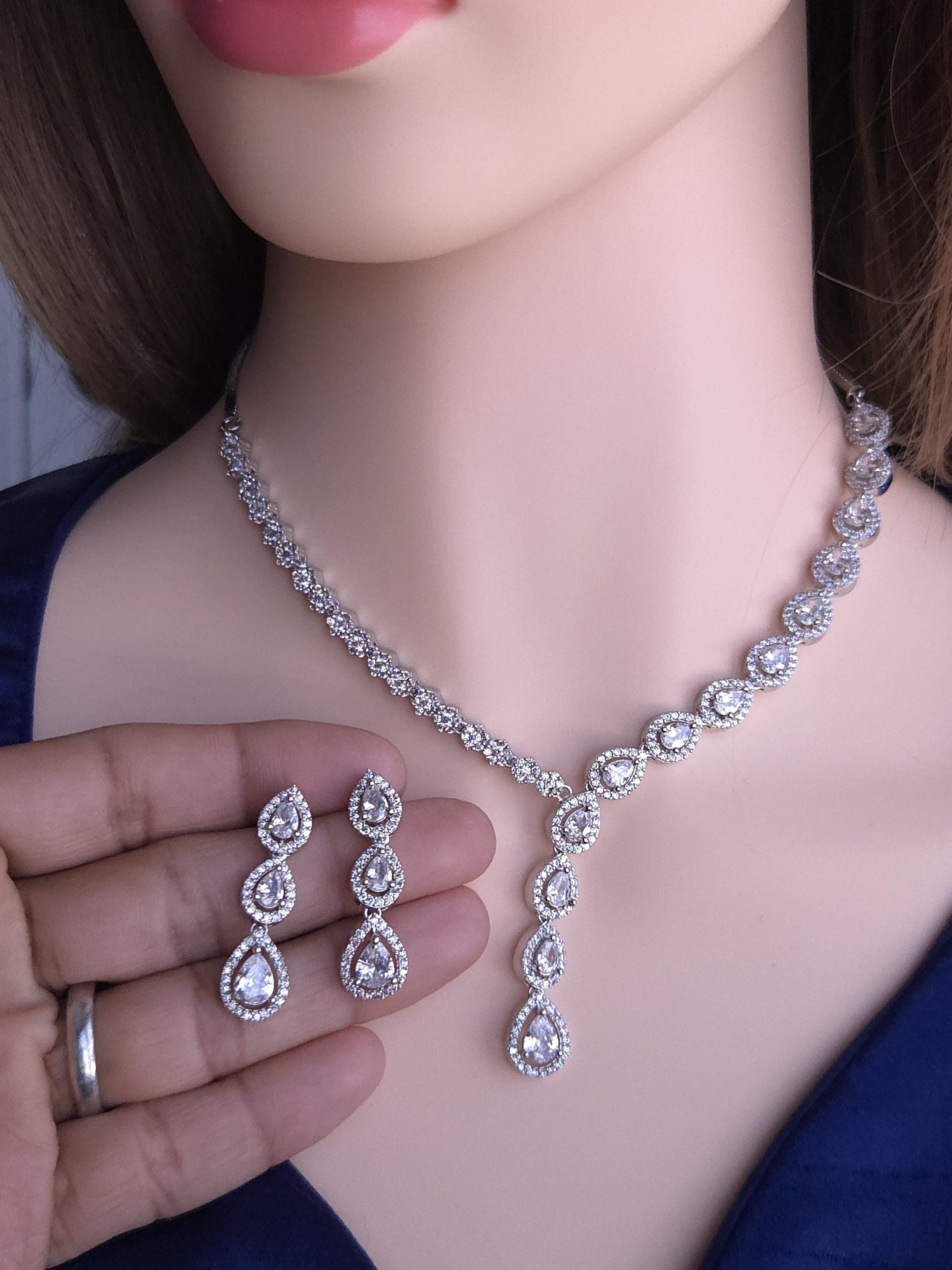 Teardrop CZ Y Necklace & Earring Set | Silver Plated | Silver, Blue & Yellow