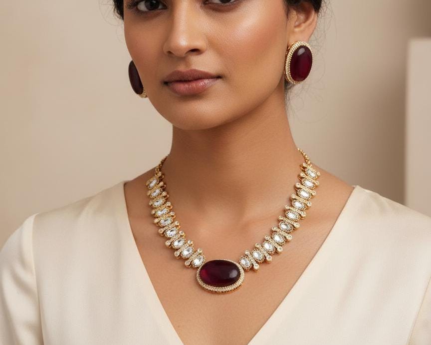 Ruby Red CZ Necklace Set | Gold Plated Statement Necklace & Stud Earrings | Wedding Jewelry