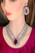 Ruby Red Layered CZ Necklace Set | Silver Plated Bridal Statement Jewelry