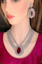 Ruby Red Layered CZ Necklace Set | Silver Plated Bridal Statement Jewelry