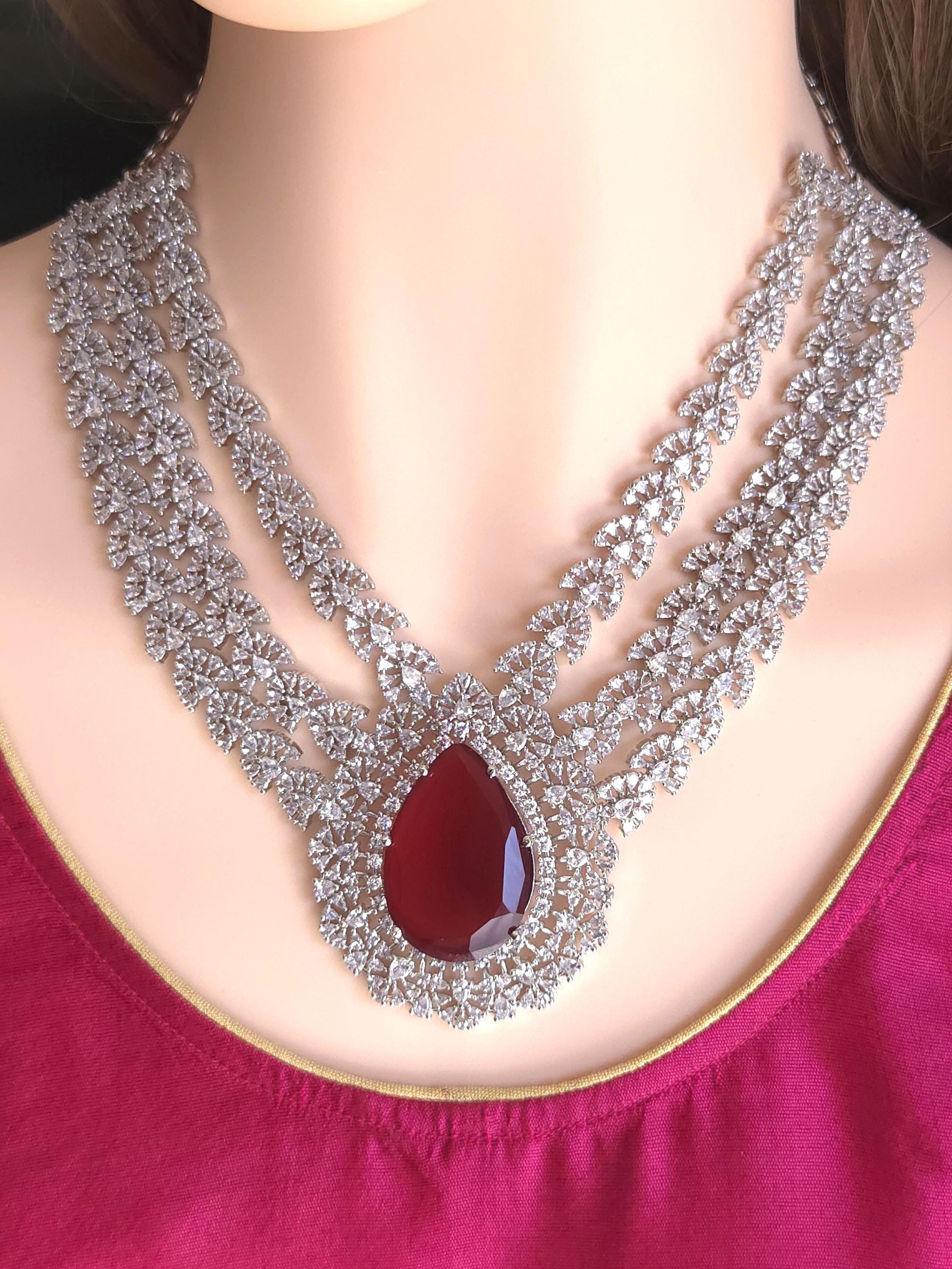 Ruby Red Layered CZ Necklace Set | Silver Plated Bridal Statement Jewelry