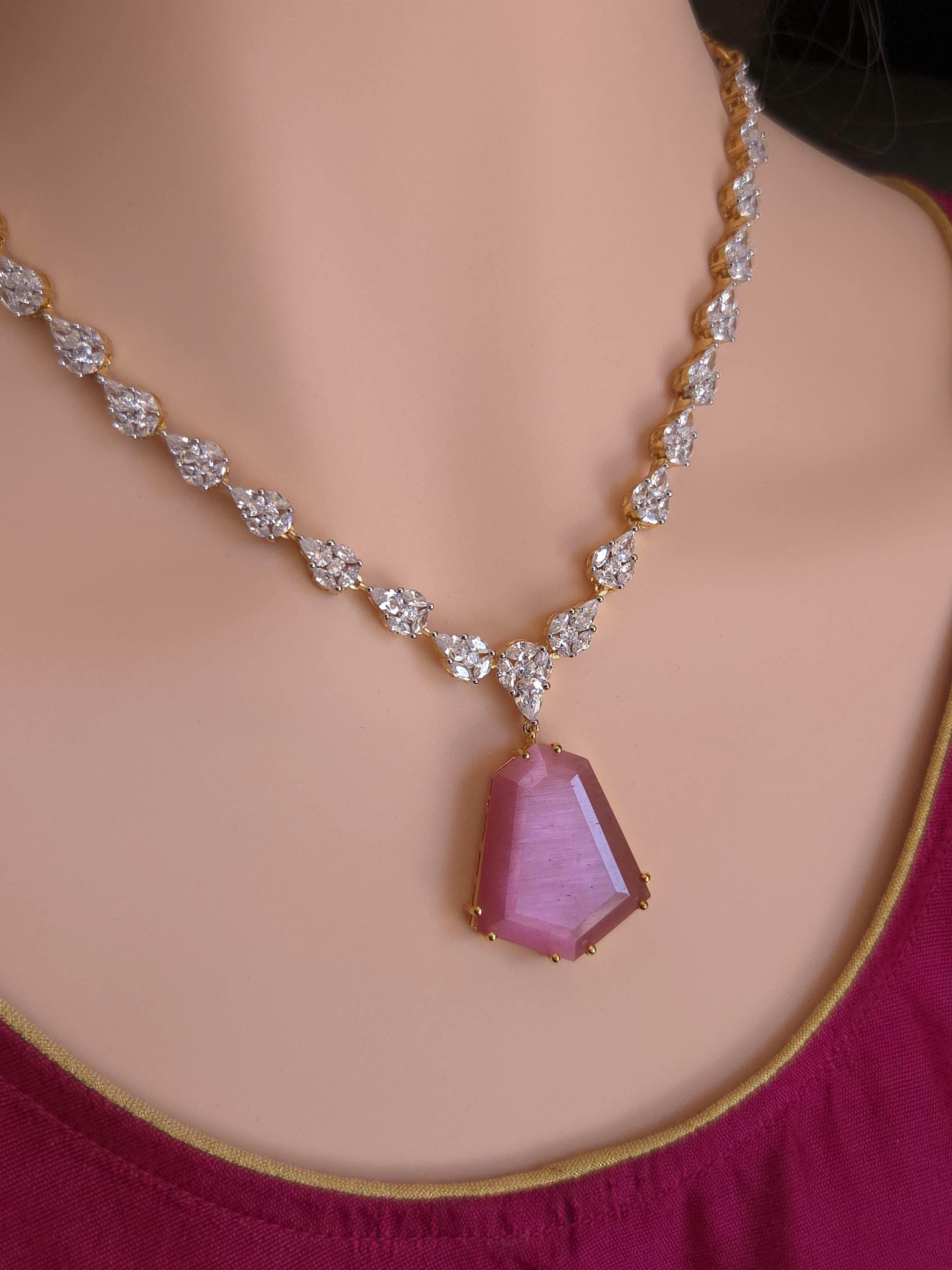 Bridal CZ Necklace Earrings Set, Emerald Green or Blush Pink, Gold/Silver Tone