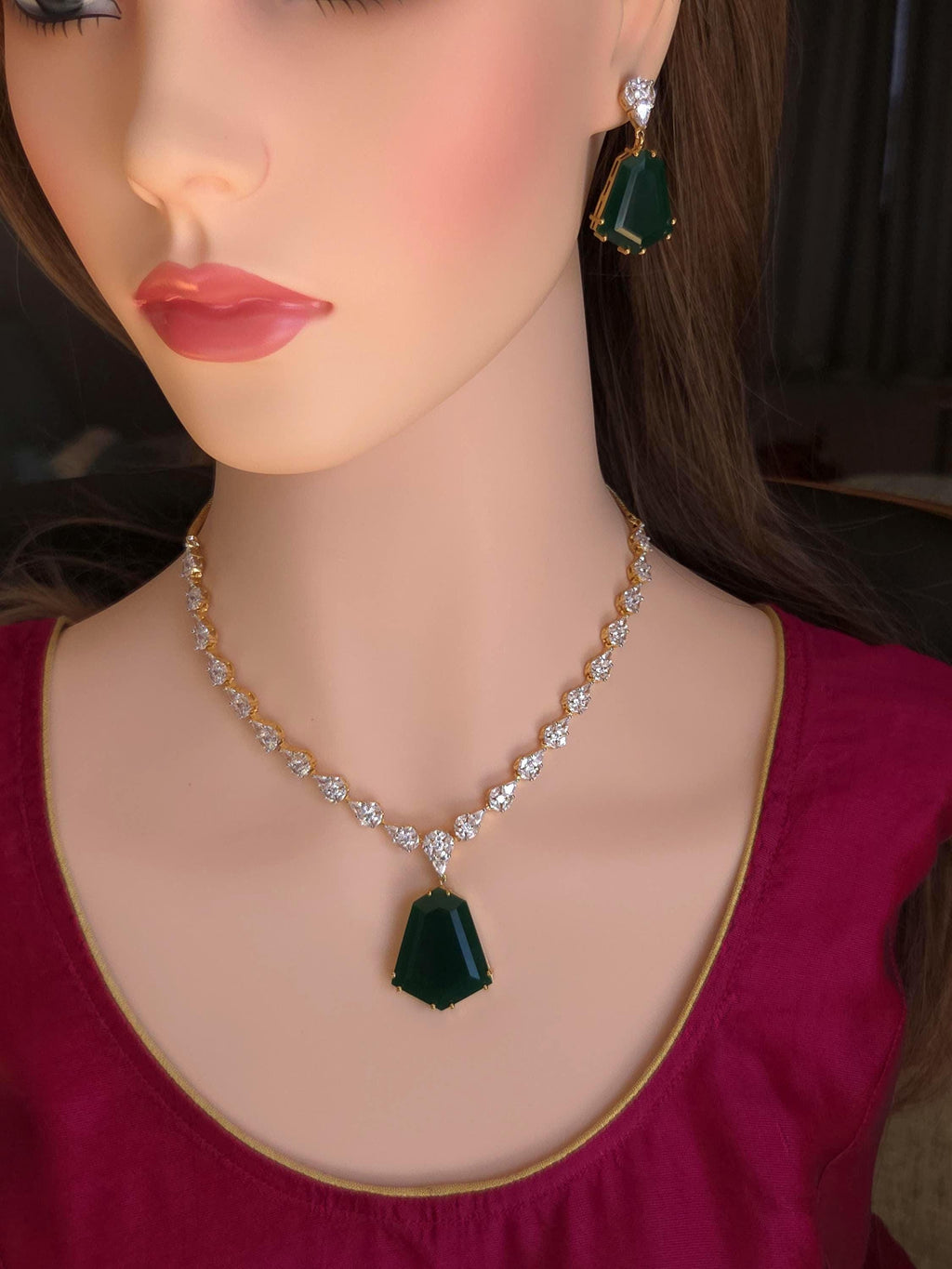 Bridal CZ Necklace Earrings Set, Emerald Green or Blush Pink, Gold/Silver Tone
