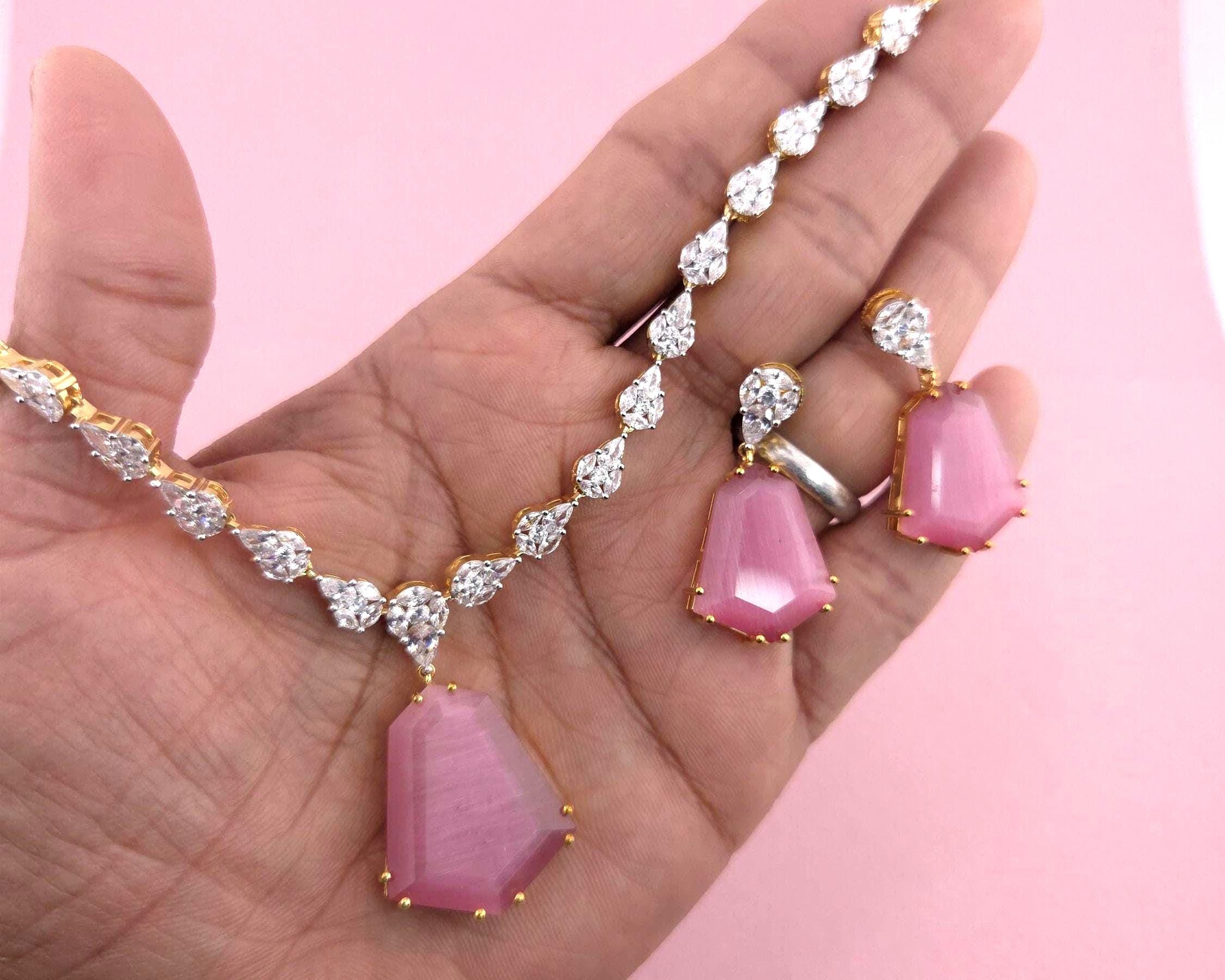 Bridal CZ Necklace Earrings Set, Emerald Green or Blush Pink, Gold/Silver Tone