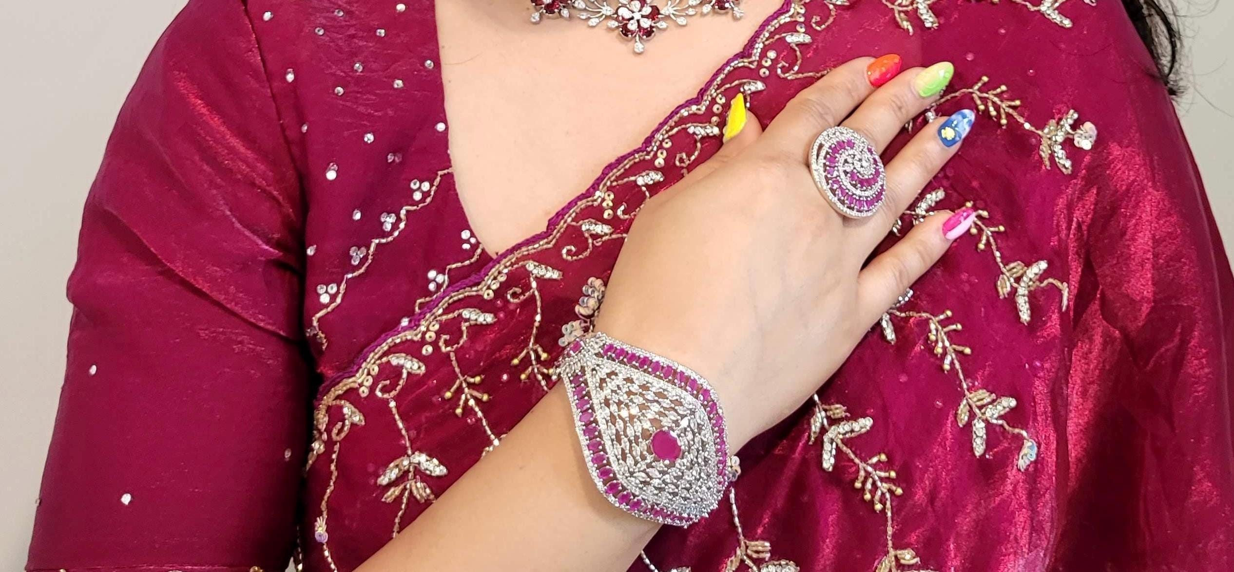 Statement CZ Openable Cuff Bracelet – Adjustable Bridal Wedding Kada, Gold, Multicolor or Magenta