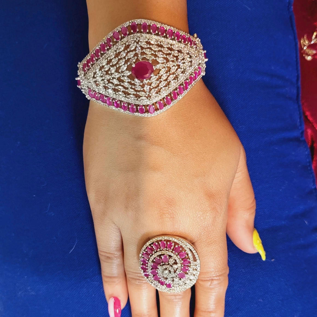 Statement CZ Openable Cuff Bracelet – Adjustable Bridal Wedding Kada, Gold, Multicolor or Magenta