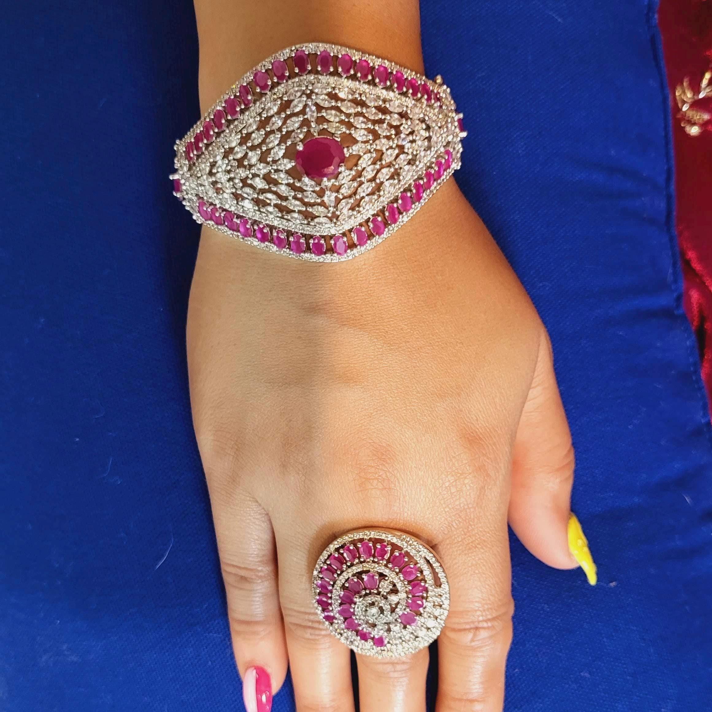 Statement CZ Openable Cuff Bracelet – Adjustable Bridal Wedding Kada, Gold, Multicolor or Magenta