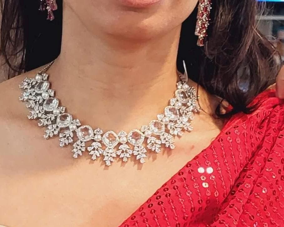 CZ Crystal & Pearl Bridal Necklace & Earrings Set – Silver Tone Wedding Jewelry
