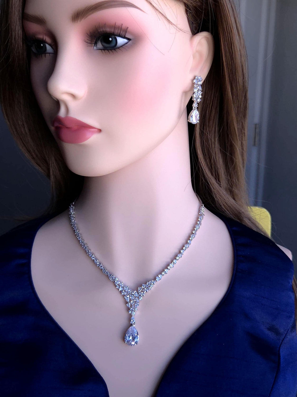 Teardrop Cubic Zirconia Y Necklace Set, Bridal Wedding Jewelry with Matching Earrings