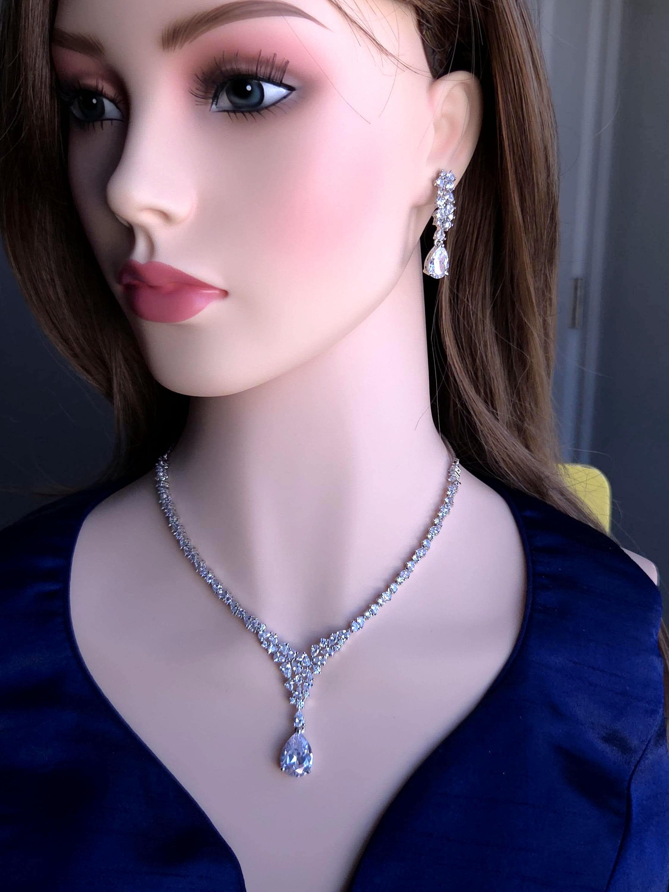 Teardrop Cubic Zirconia Y Necklace Set, Bridal Wedding Jewelry with Matching Earrings