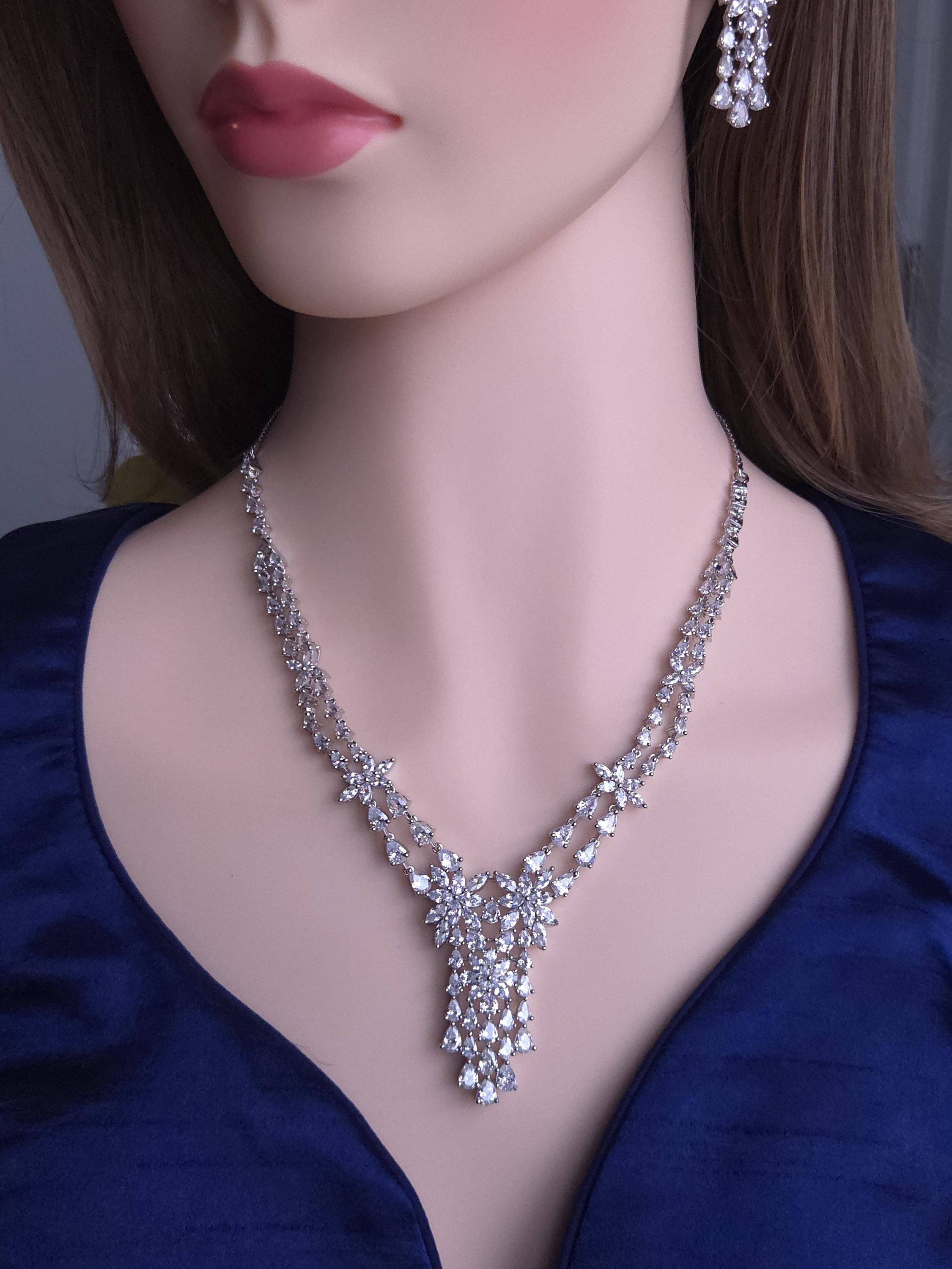 CZ Bridal Necklace & Earring Set | Silver Plated | Red, White & Emerald Green