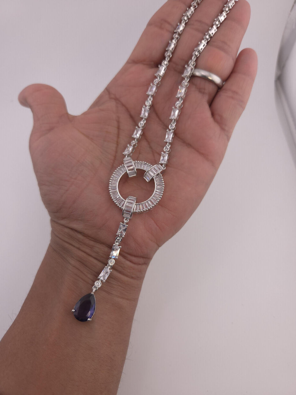 Art Deco CZ Y Necklace & Earring Set | Silver Plated | Purple, Mint Green & Pink