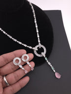 Art Deco CZ Y Necklace & Earring Set | Silver Plated | Purple, Mint Green & Pink
