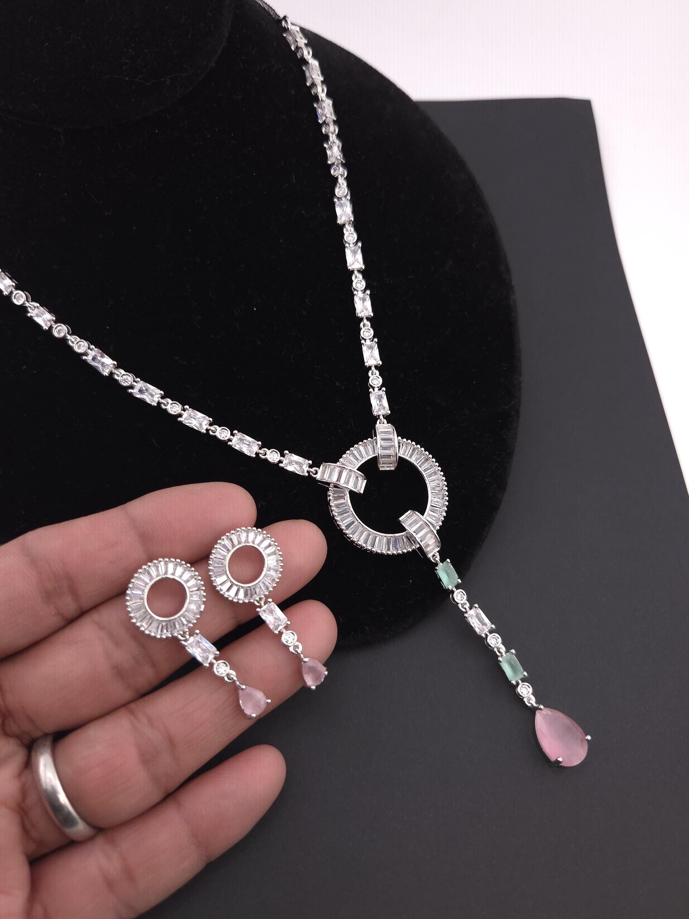 Art Deco CZ Y Necklace & Earring Set | Silver Plated | Purple, Mint Green & Pink