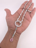 Art Deco CZ Y Necklace & Earring Set | Silver Plated | Purple, Mint Green & Pink