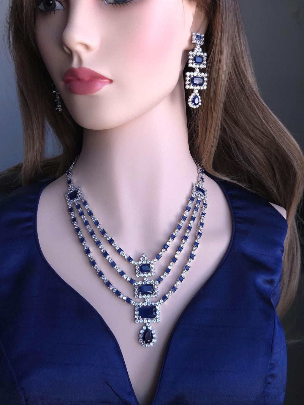 Blue CZ Bridal Jewelry Set | Silver Layered Necklace & Earrings