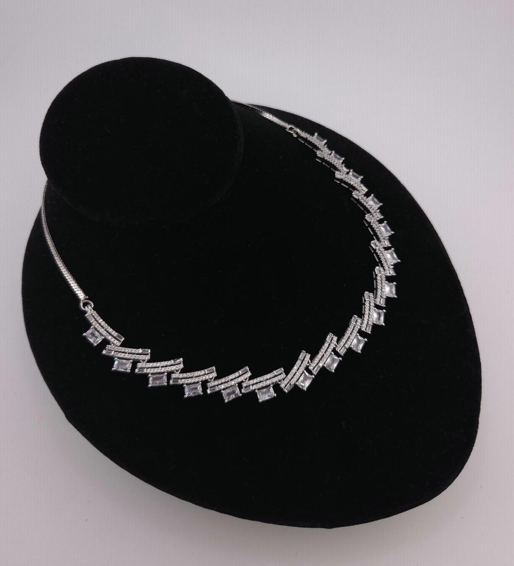 Silver Baguette Cubic Zirconia Necklace Earrings Set, Statement Bridal Jewelry