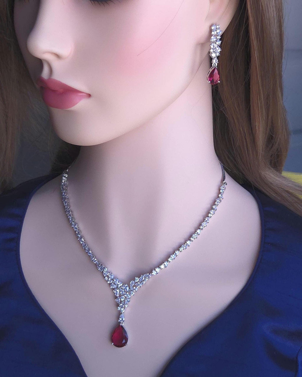 Teardrop Cubic Zirconia Y Necklace Set, Bridal Wedding Jewelry with Matching Earrings