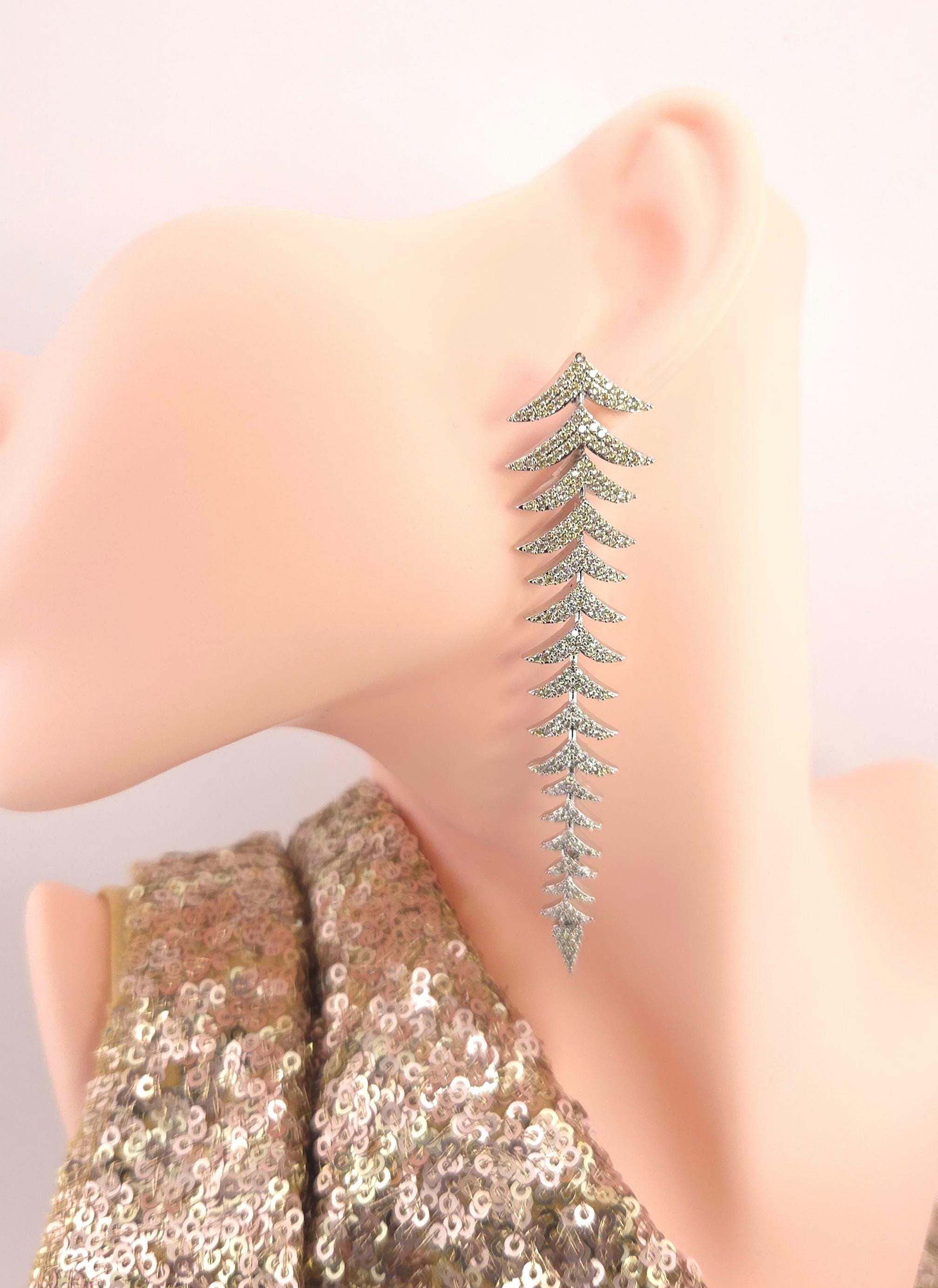 Long Leaf CZ Drop Earrings | Gold Silver Plated Statement Bridal Jewelry
