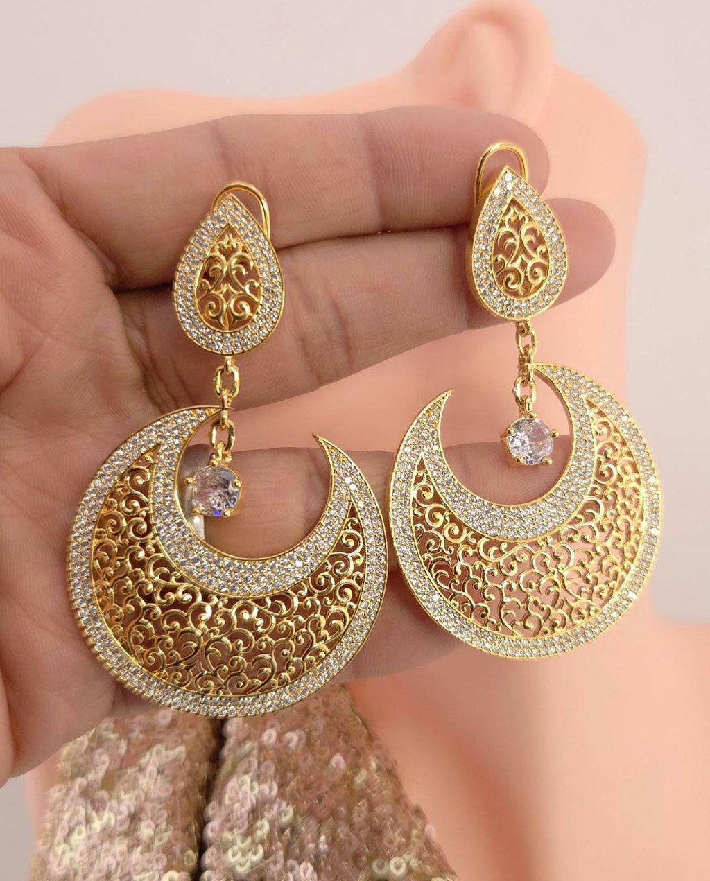 Gold Plated Filigree Chandbali Earrings, CZ Bridal Wedding Jewelry