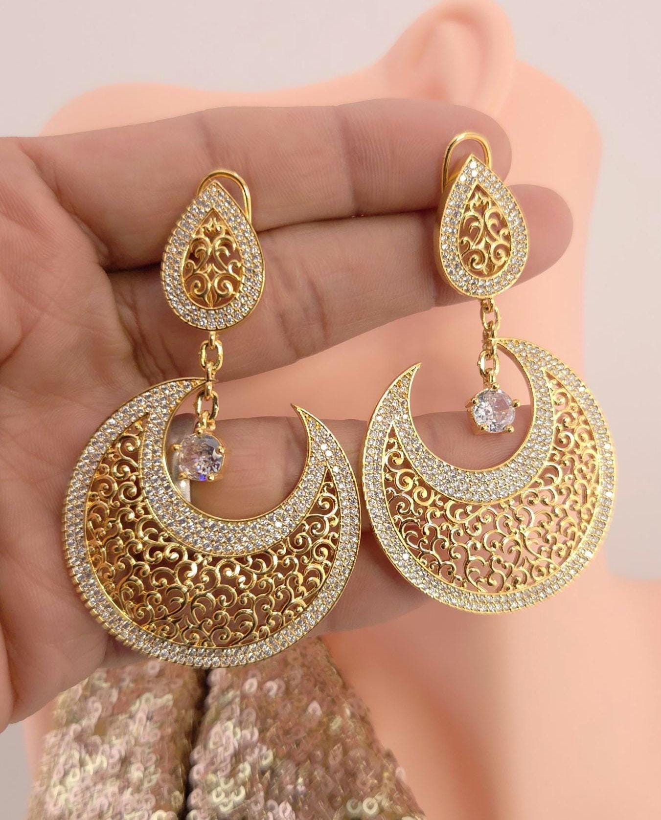 Gold Plated Filigree Chandbali Earrings, CZ Bridal Wedding Jewelry