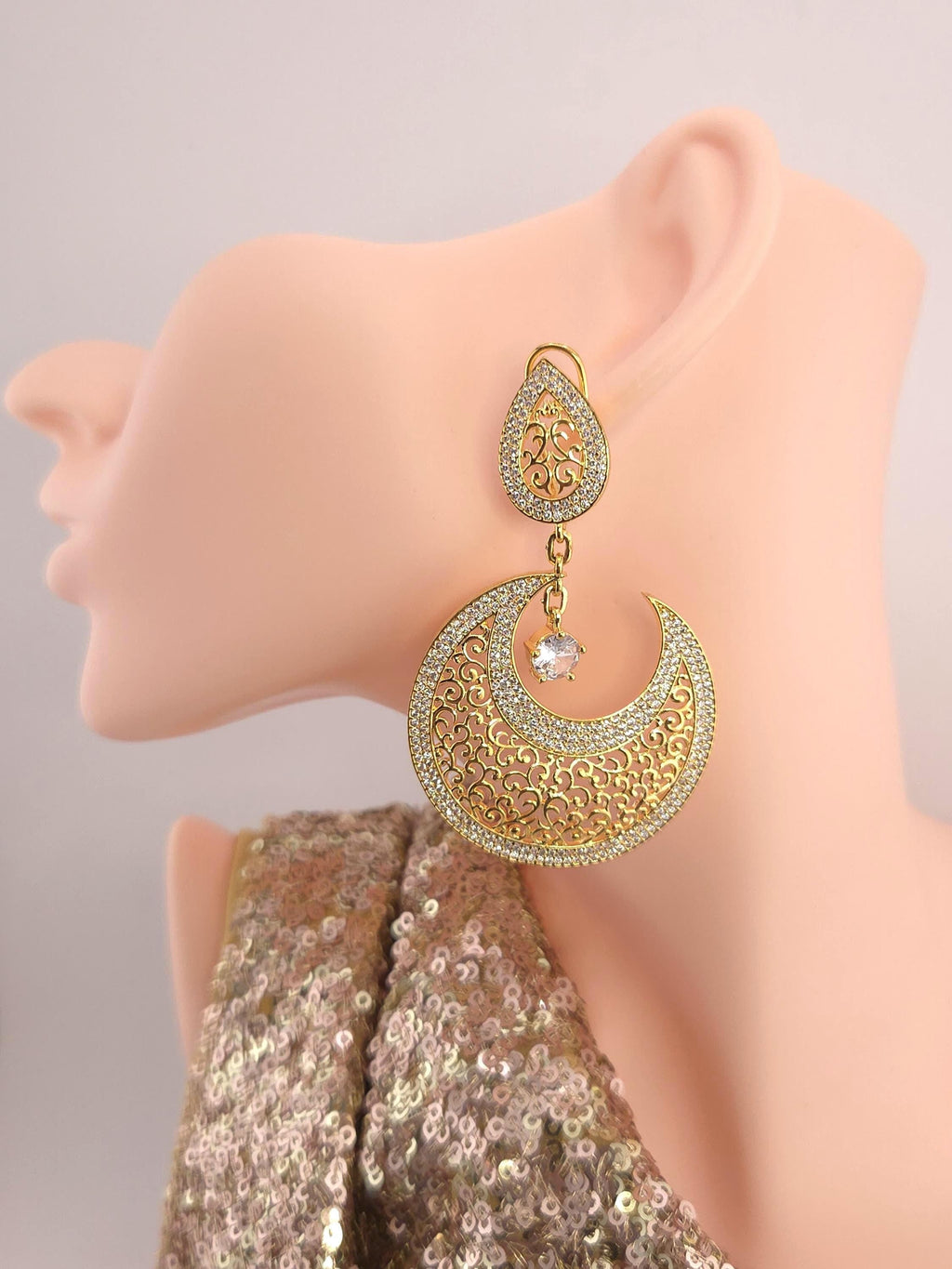 Gold Plated Filigree Chandbali Earrings, CZ Bridal Wedding Jewelry