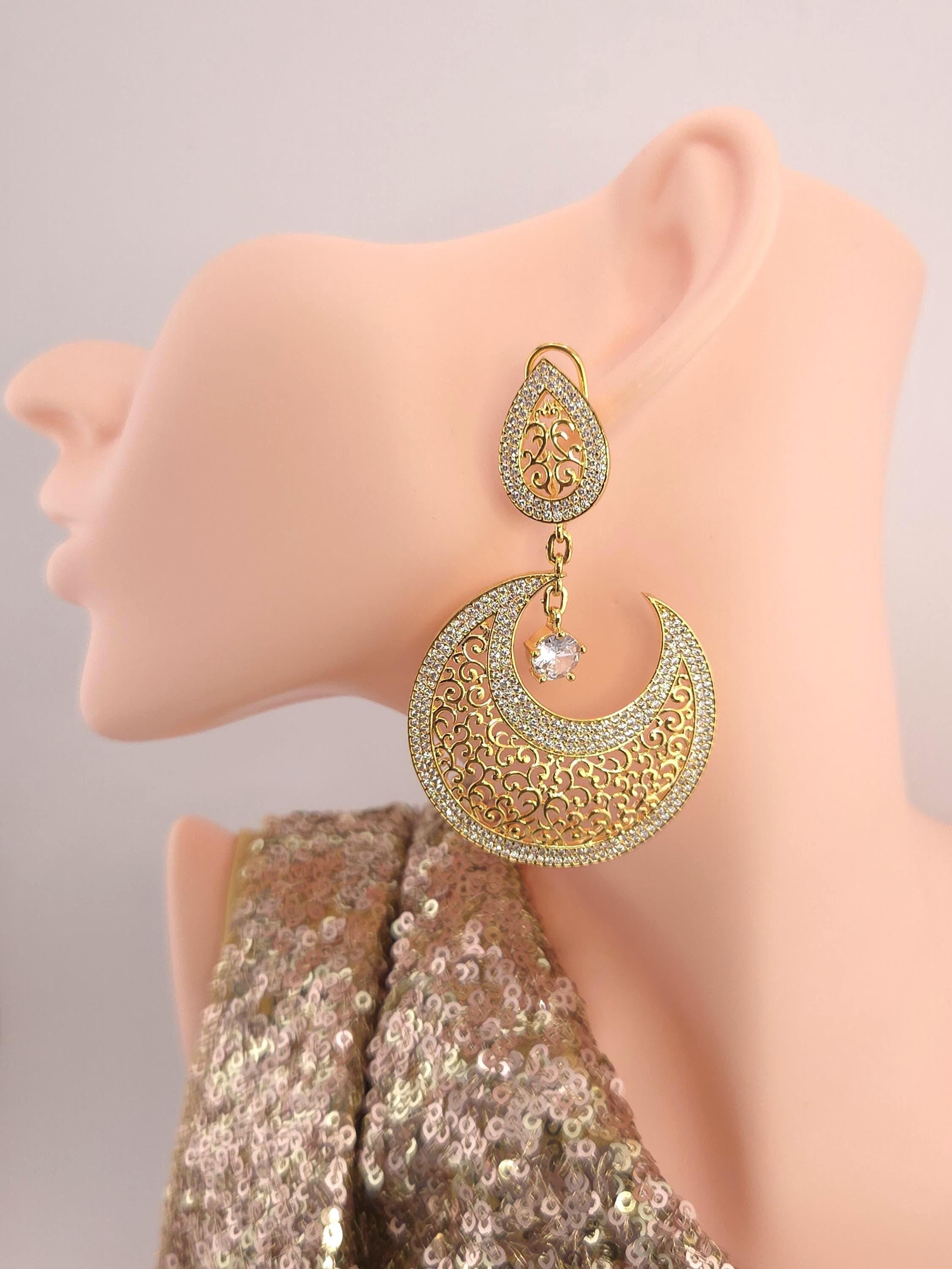Gold Plated Filigree Chandbali Earrings, CZ Bridal Wedding Jewelry
