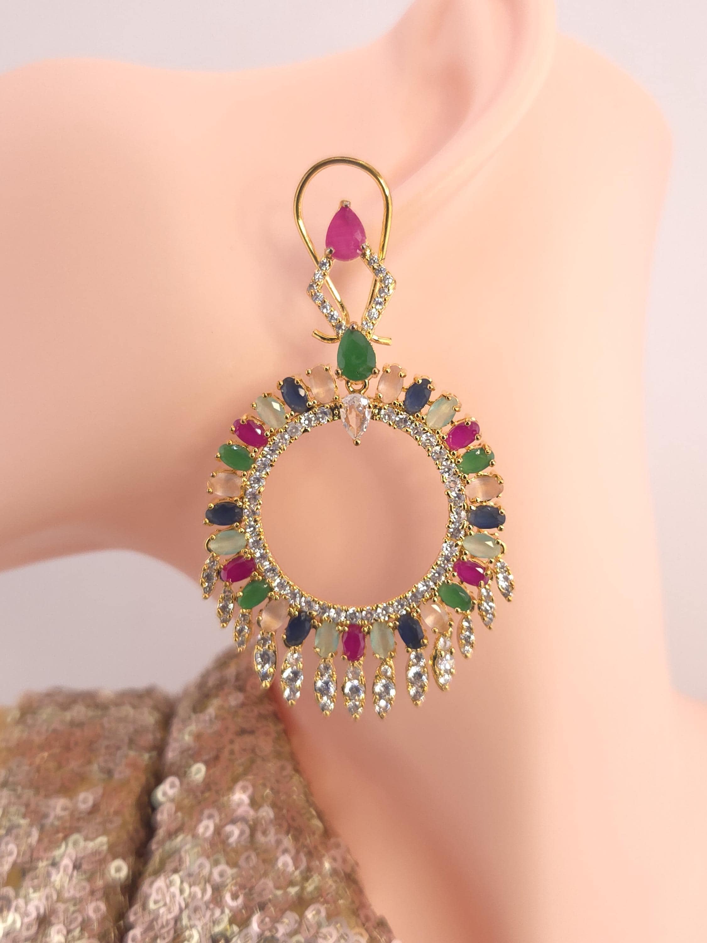Gold Plated Filigree Chandbali Earrings, Multicolor CZ Statement Bridal Jewelry